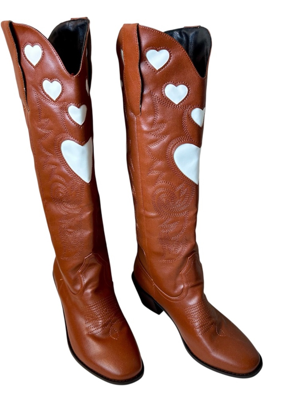 Cowboy Boot Tall Brown White Hearts Inlay Pull Strap Wide Calf Heel 1.5" 38/7.5 - Picture 2 of 14